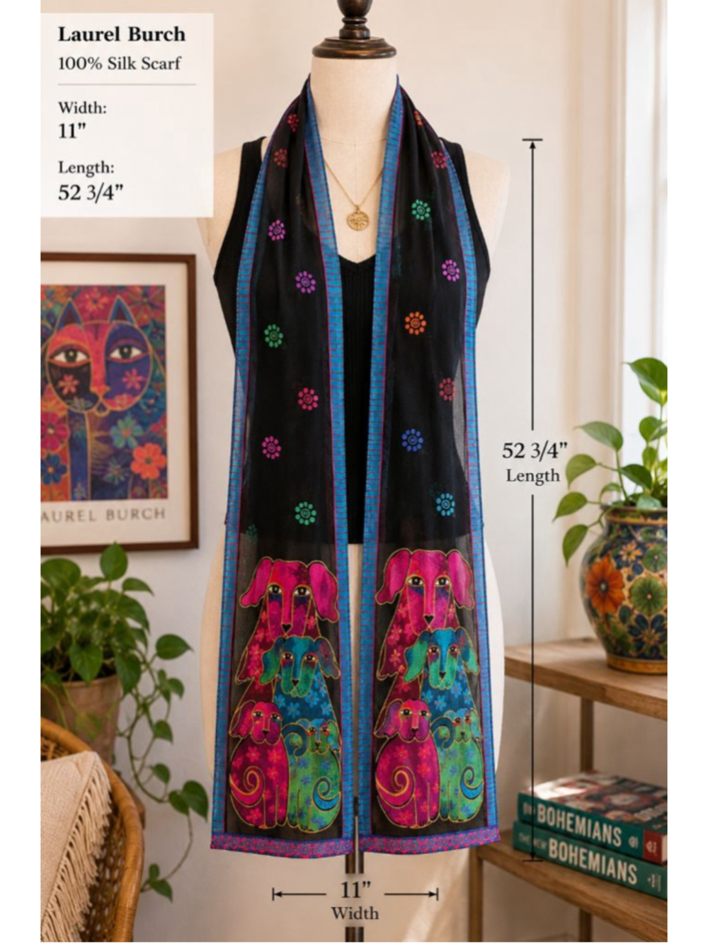 Laurel Burch 100% Silk Dog Scarf Wearable Art Colorful Long Oblong Wrap 52”